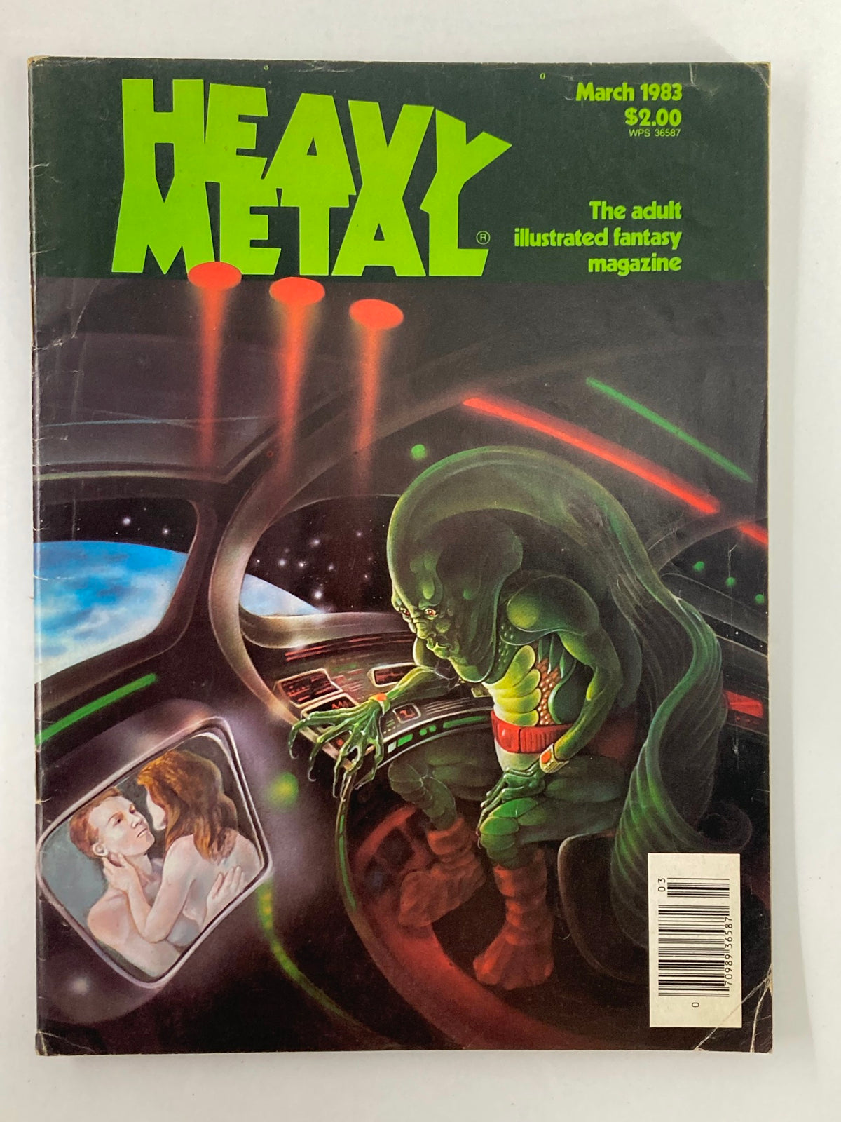 Cover of VTG Heavy Metal Magazine March 1983 Vol 6 #12 featuring striking green and black artwork by Carol Donner, showcasing a fantasy theme with an alien character.