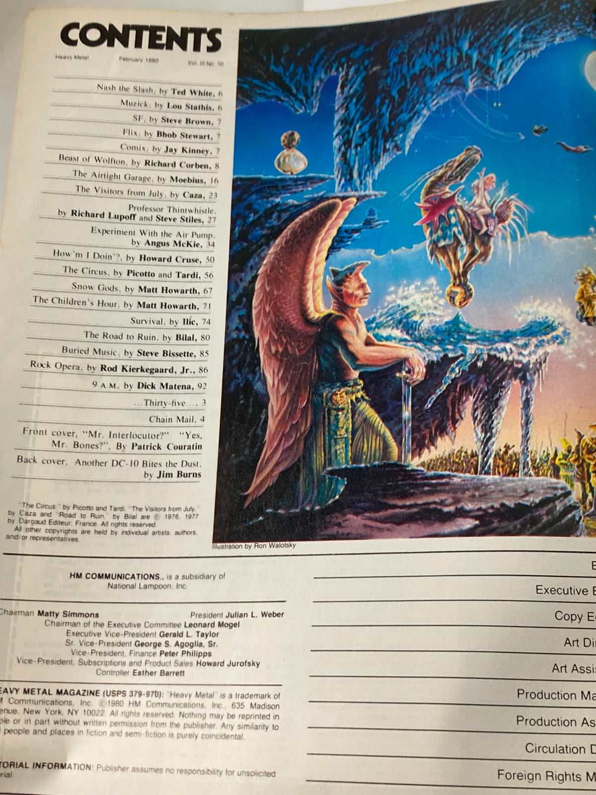 Contents page of the VTG Heavy Metal Magazine February 1980, showcasing the featured stories including 'Mr. Interlocutor' by Patrick C. No Label, along with artistic illustrations.