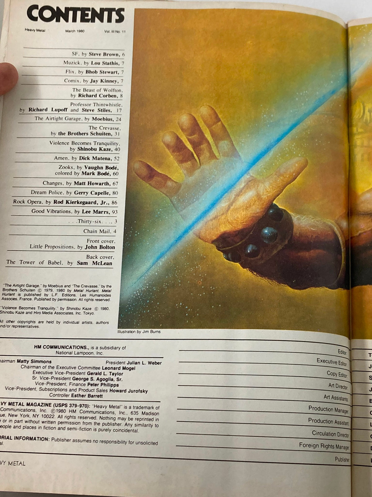 Table of contents of VTG Heavy Metal Magazine March 1980, listing various articles and illustrations, including content by notable artists and writers.