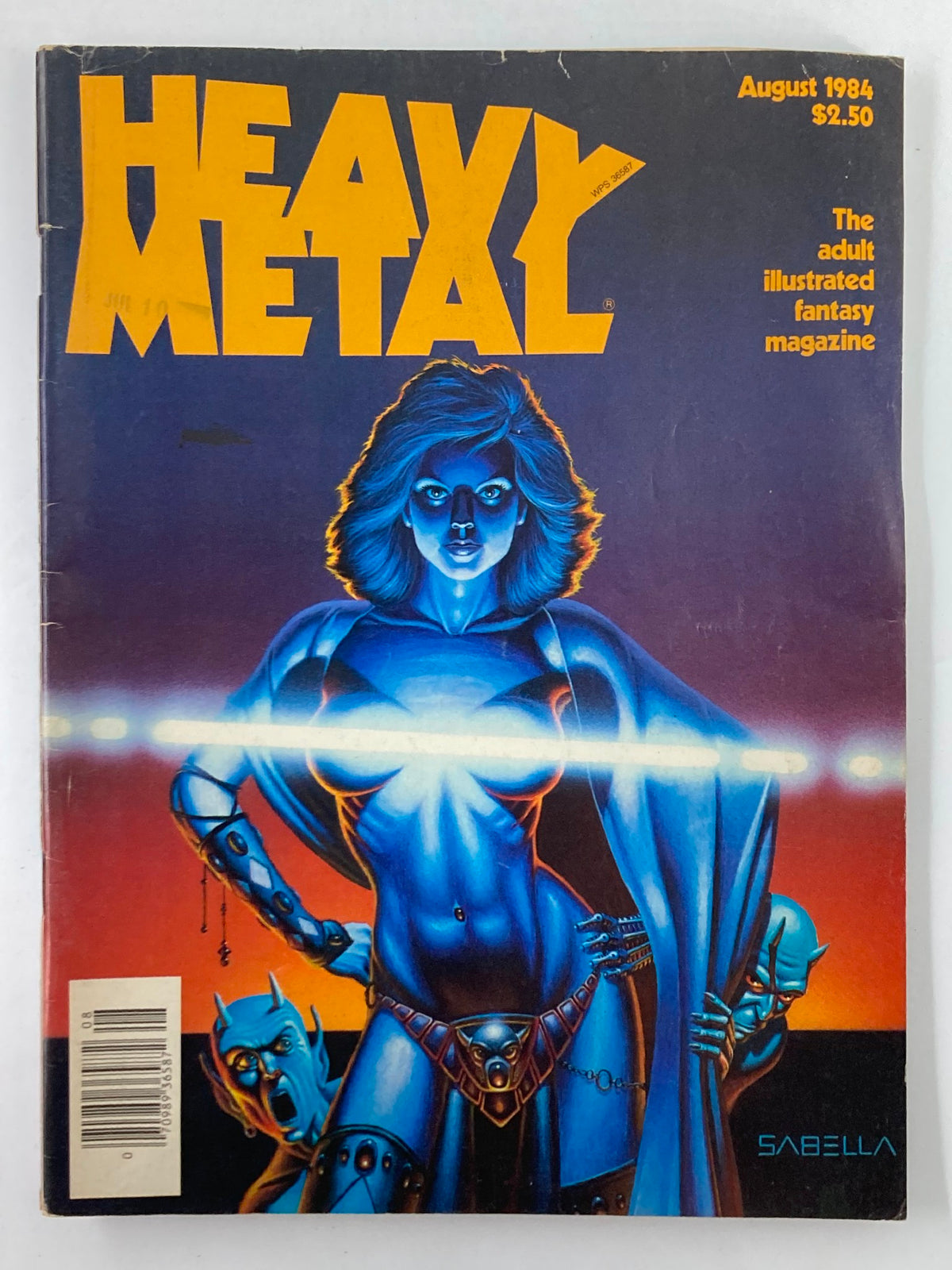 Front cover of VTG Heavy Metal Magazine August 1984, featuring striking blue-toned artwork by Steven Sabella, depicting a powerful female figure with a dramatic backdrop, showcasing the edgy aesthetic of this unique adult illustrated fantasy magazine.