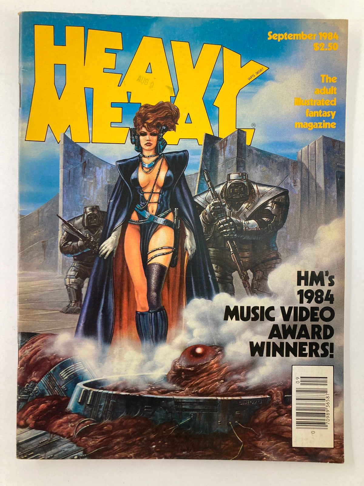 Cover of VTG Heavy Metal Magazine September 1984 featuring a female character in a futuristic outfit, surrounded by armored figures, showcasing the vibrant rock culture of the era.