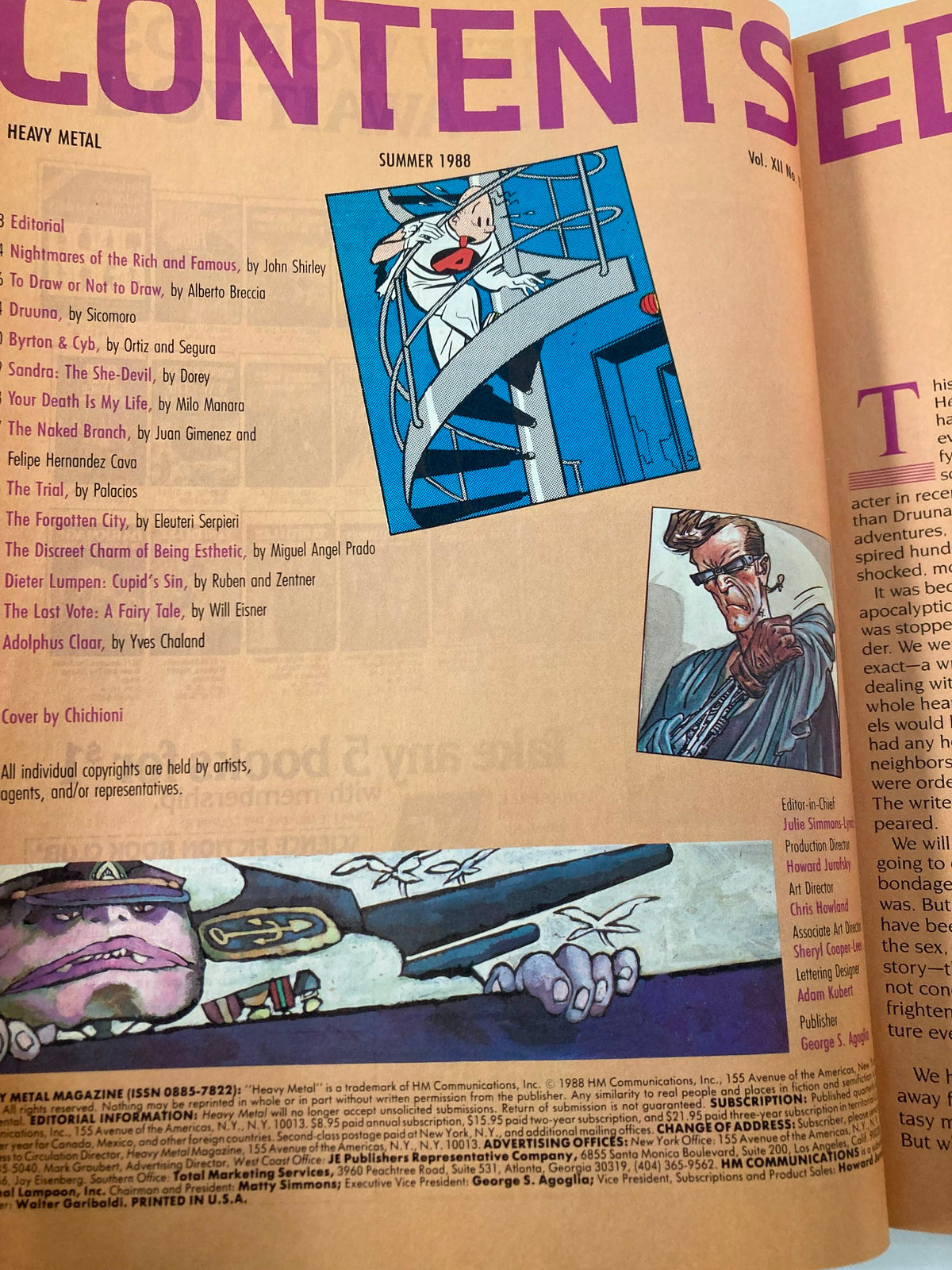 Contents page of VTG Heavy Metal Magazine Summer 1988, listing featured stories including contributions by Will Eisner, illustrating the magazine's rich narrative and artistic lineup.