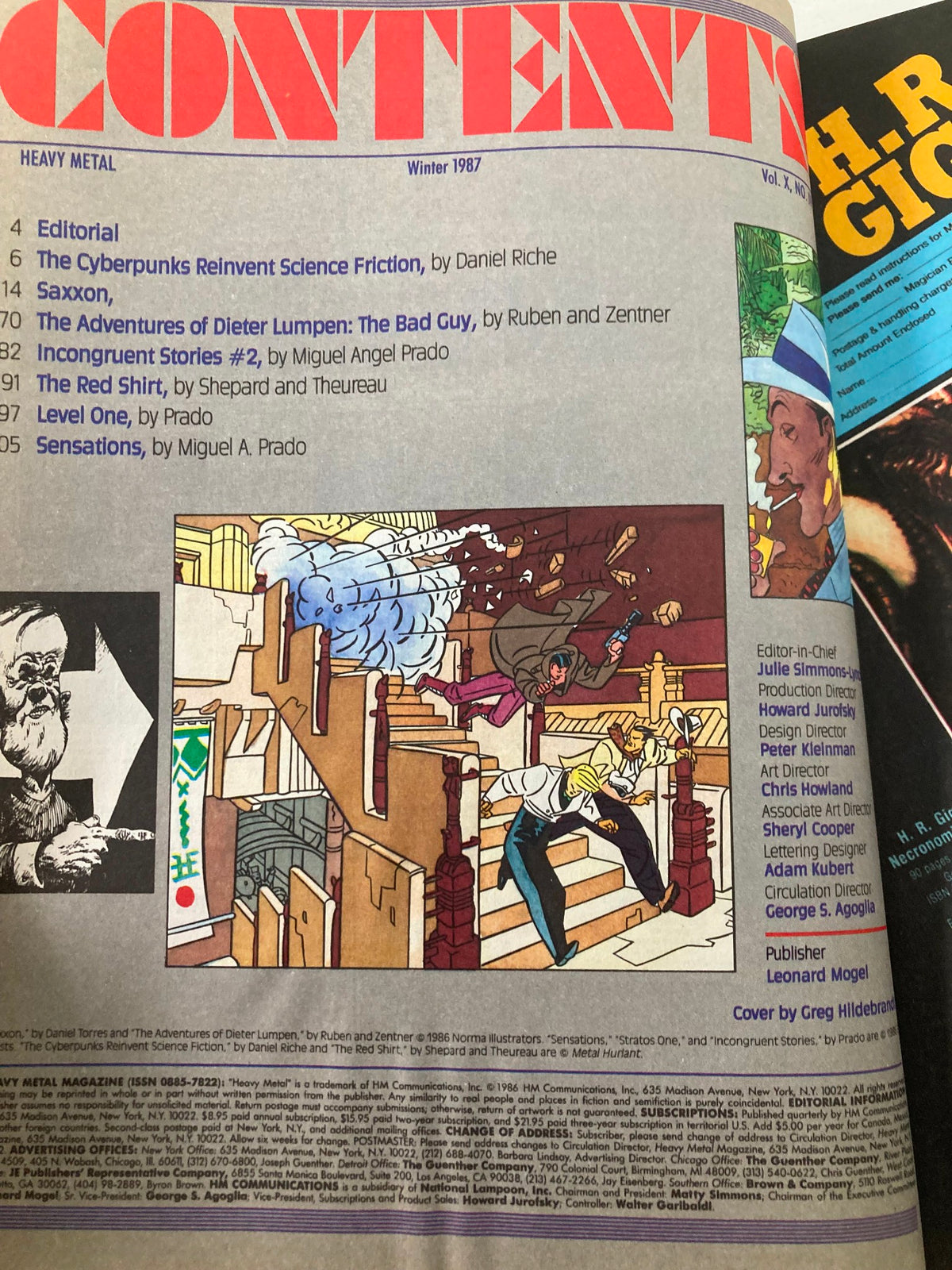 Inside page of VTG Heavy Metal Magazine Winter 1987 showcasing the table of contents including works by Miguel A. Prado and other featured artists.