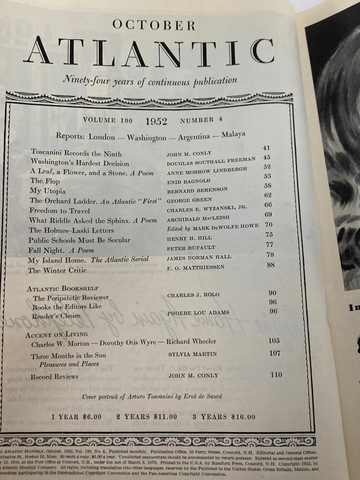 Table of contents from the October 1952 issue of VTG The Atlantic Magazine, listing feature articles including 'Toscanini Records the Ninth'.