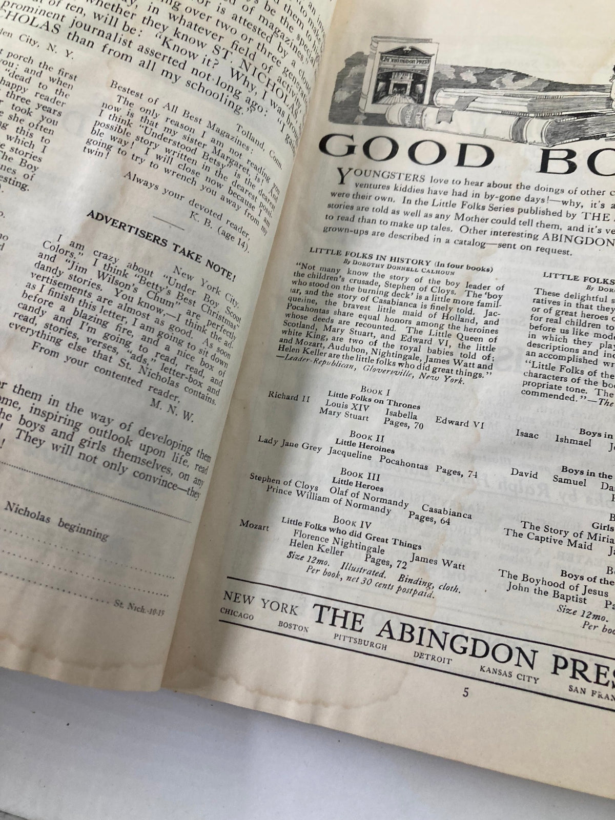 Page 5 of VTG St. Nicholas Magazine October 1919 displaying text and advertisements targeted towards young readers, emphasizing its historical context.
