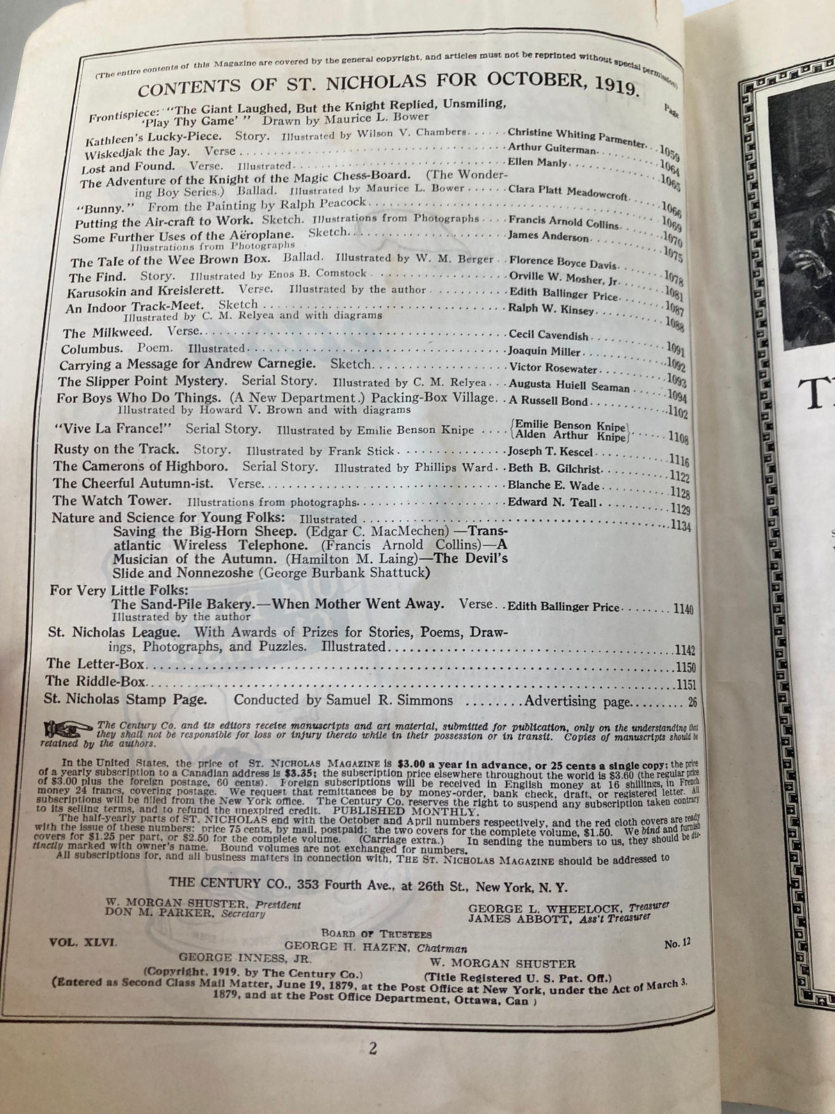 Table of contents for VTG St. Nicholas Magazine October 1919, listing stories and articles featured in this vintage magazine, offering insight into early 20th-century literature.