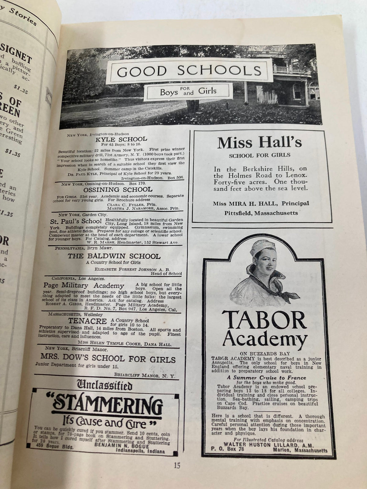 Interior page from VTG St. Nicholas Magazine October 1919 featuring advertisements for schools including Kyle School, The Baldwin School, and Miss Hall's School for Girls.