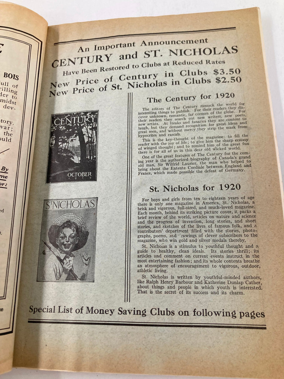 Advertisement page from VTG St. Nicholas Magazine October 1919 announcing new prices for the Century and St. Nicholas magazines, along with a visual of the magazine covers.