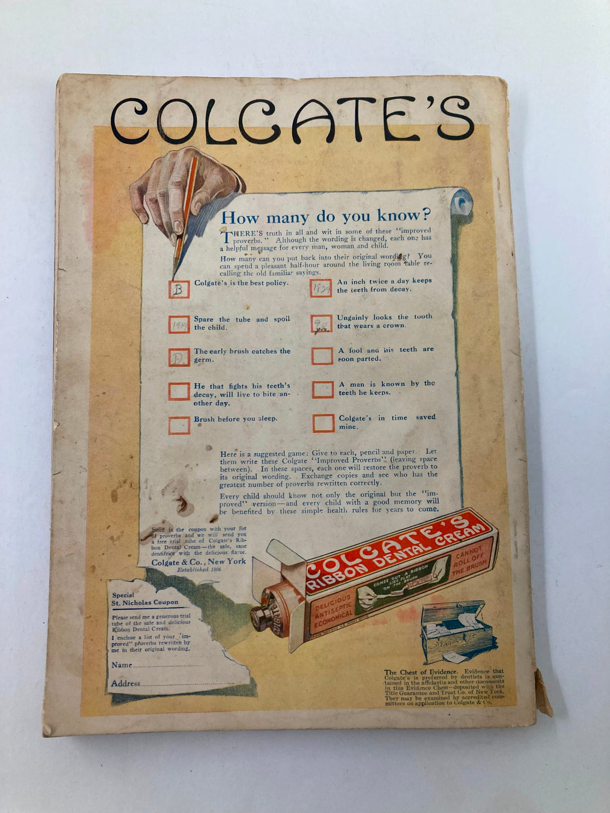 Back cover page of VTG St. Nicholas Magazine October 1919 showcasing an advertisement for Colgate's products with a playful quiz and vibrant imagery.