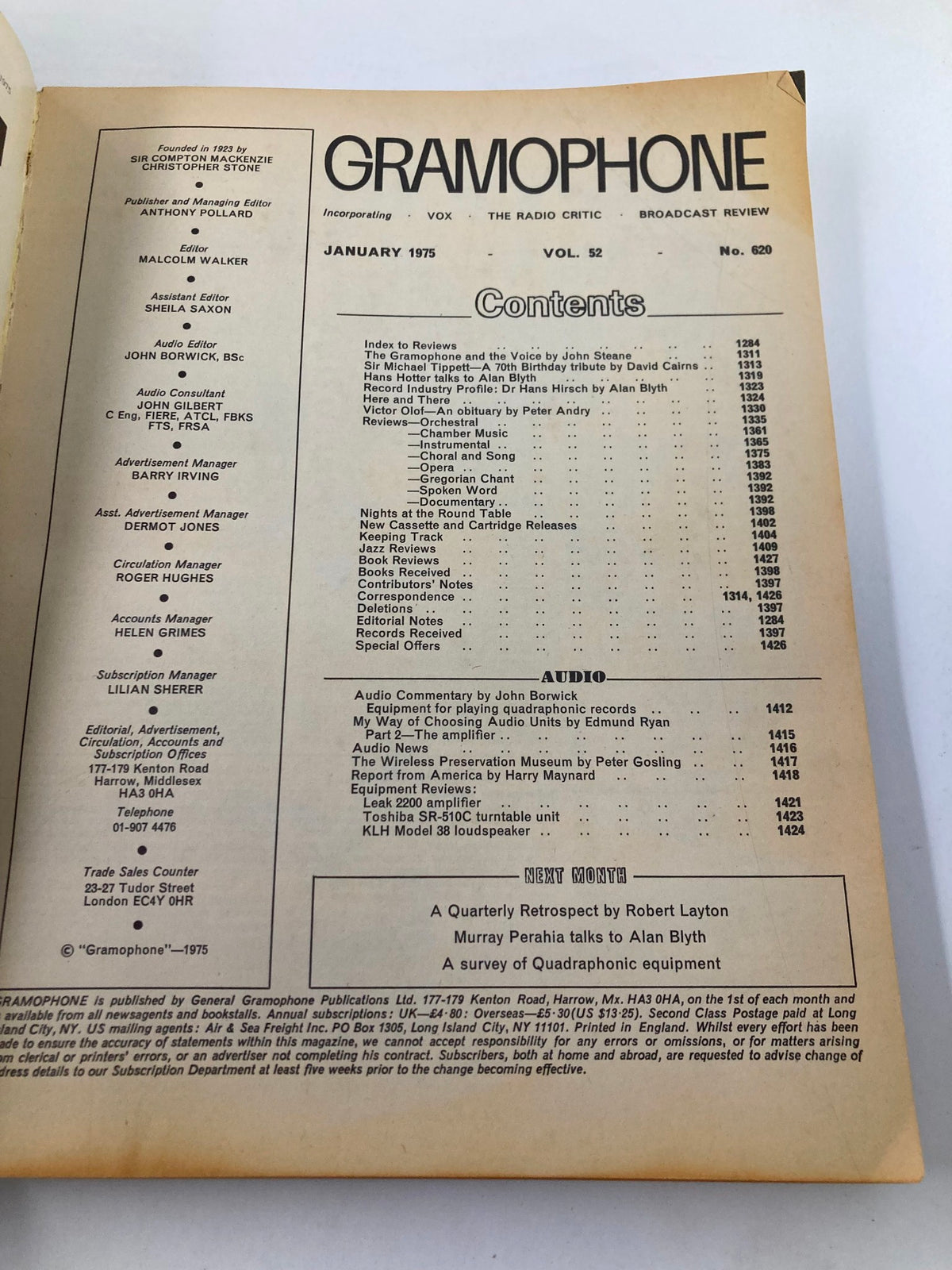 Inside page of the VTG Gramophone Magazine January 1975, Vol 52 #620, showcasing the table of contents including features on Michael Tippett's 70th birthday tribute.