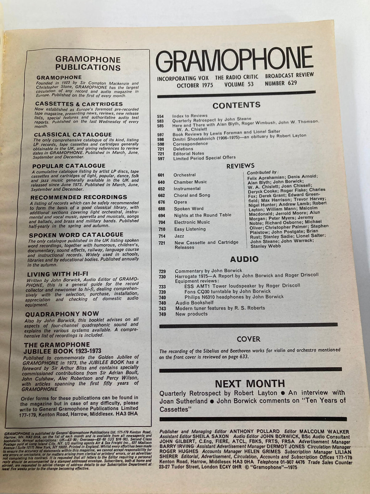 Vintage Gramophone Magazine October 1975 Vol 53 #629 Barenboim & Zukerman No Label