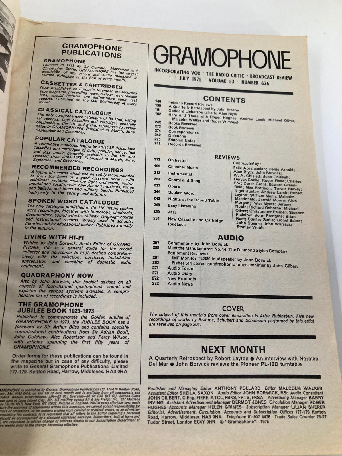 Interior page of VTG Gramophone Magazine July 1975 displaying the contents section and details about classical music and recordings.