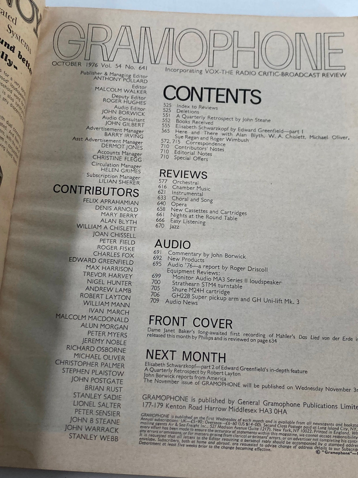 Contents page of VTG Gramophone Magazine October 1976 Vol 54 #641, showcasing the contributors, reviews, and features related to classical music, including Mahler's work.