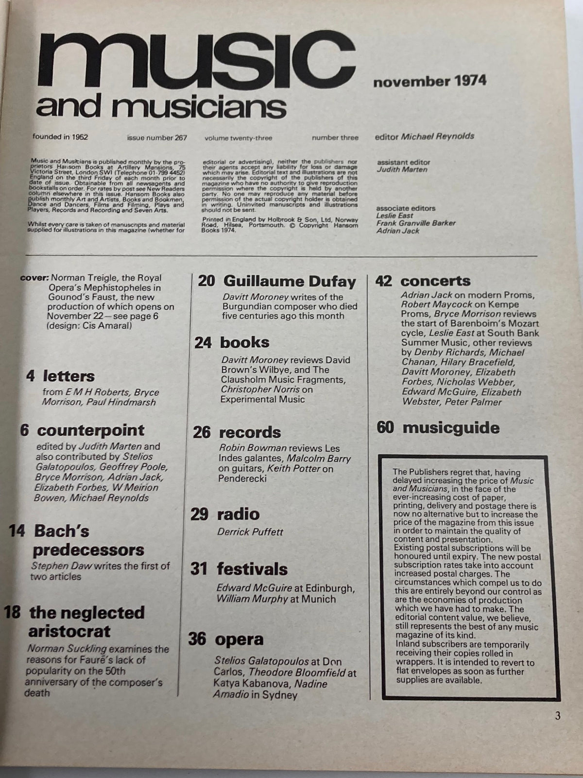 Inside page of VTG Music & Musicians Magazine November 1974 #267 displaying contents and details of the issue, showcasing articles and features about music.