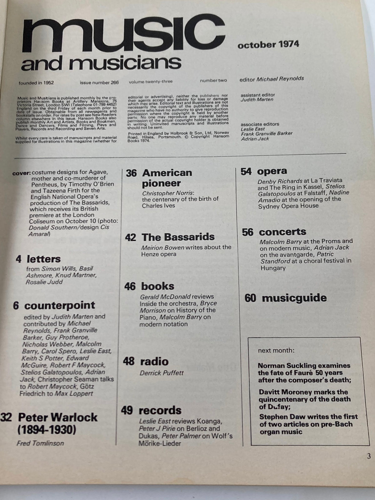 Inside page of VTG Music & Musicians Magazine, October 1974, issue #266, showcasing the magazine's table of contents and featured articles on contemporary music.
