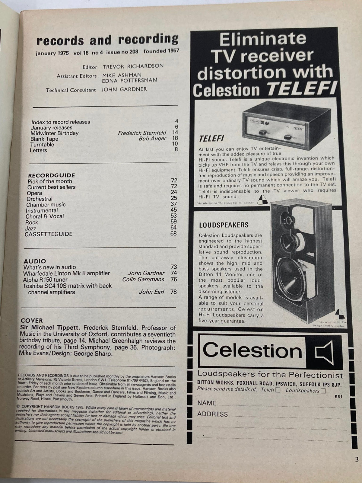 Interior page of the January 1975 Records and Recording Magazine, listing contents including articles on music releases and a tribute to Michael Tippett.