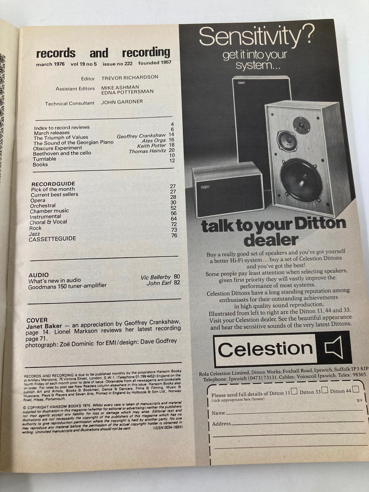Table of contents from the March 1976 issue of Records & Recording Magazine, showcasing articles and reviews related to music and recording, including features on various artists and technical insights.