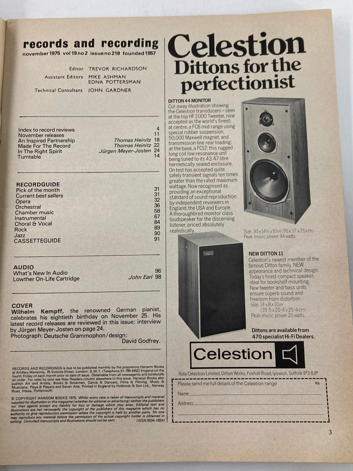 Interior page of VTG Records & Recording Magazine November 1975, listing contents with a focus on Wilhelm Kempff's feature celebrating his 80th birthday.