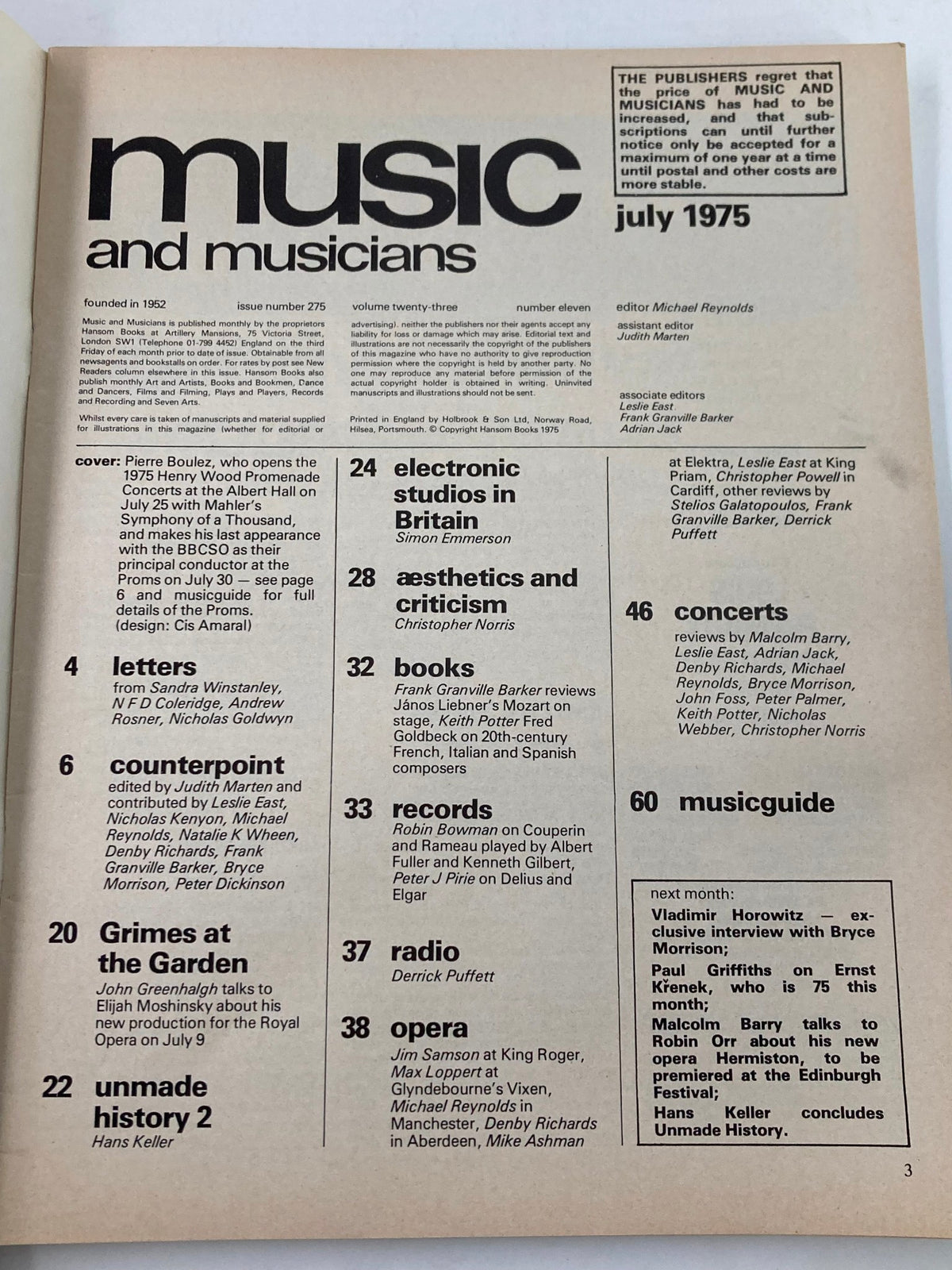 Interior page of VTG Music & Musicians Magazine, July 1975, Vol 23 #11, displaying the table of contents and publication details.