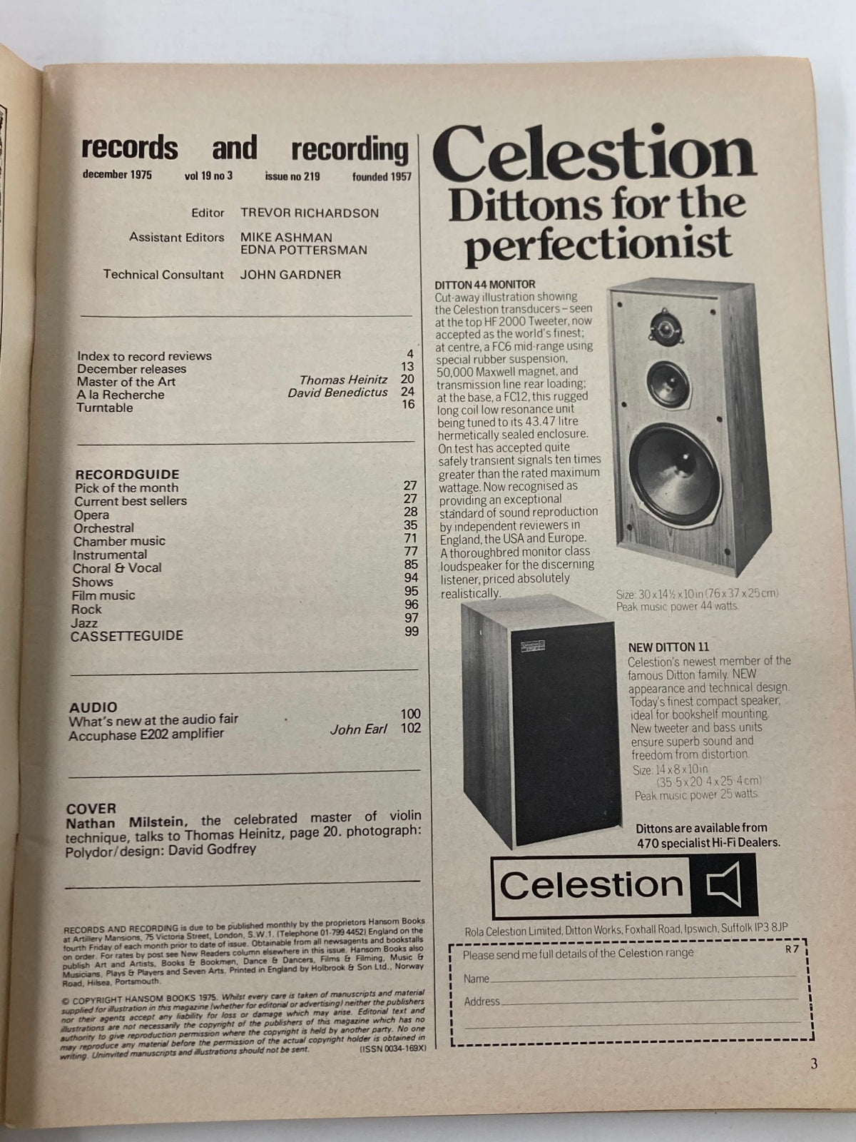 Interior page of VTG Records & Recordings Magazine December 1975, including an article about Nathan Milstein and product advertisements, capturing the essence of 1970s music culture.