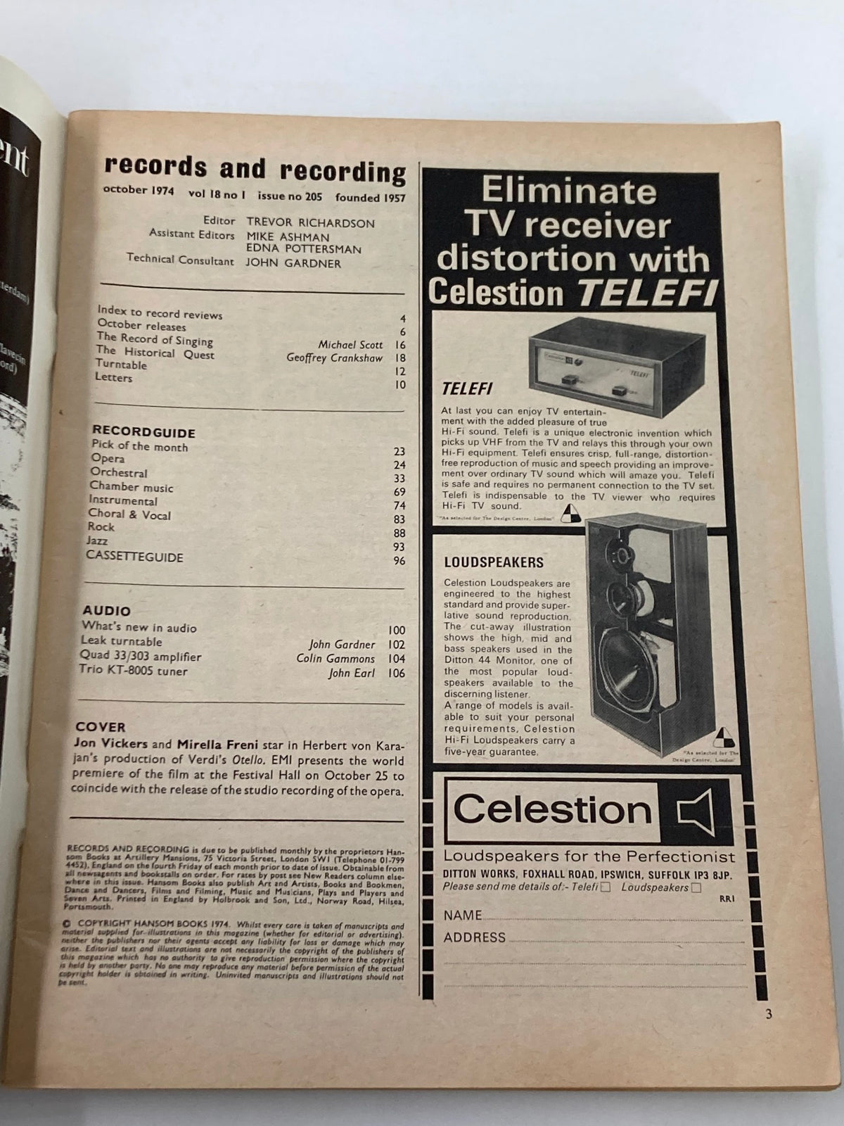 Inside page of VTG Records & Recordings Magazine October 1974 featuring the index and editorial details, depicting the layout and design of the vintage publication.