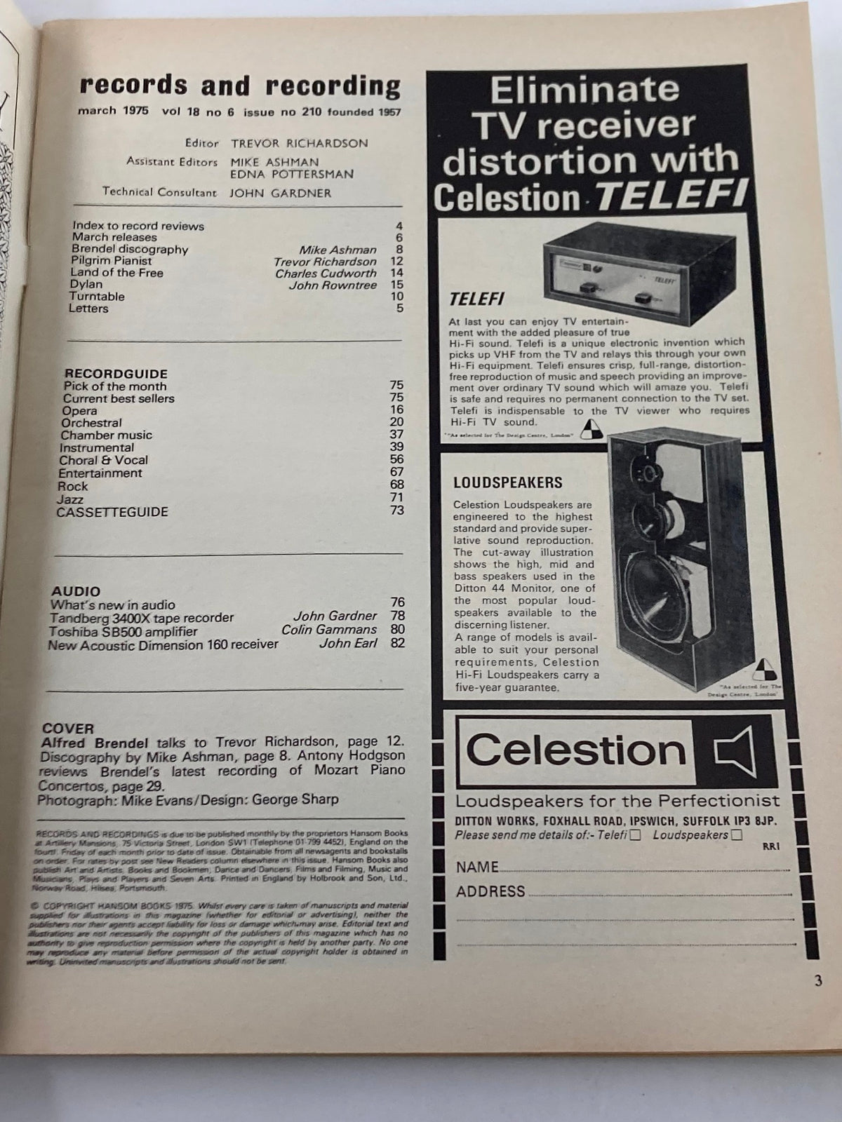Inside page of VTG Records & Recordings Magazine March 1975 Vol 18 #6 displaying the table of contents and an advertisement for Celestion audio equipment.