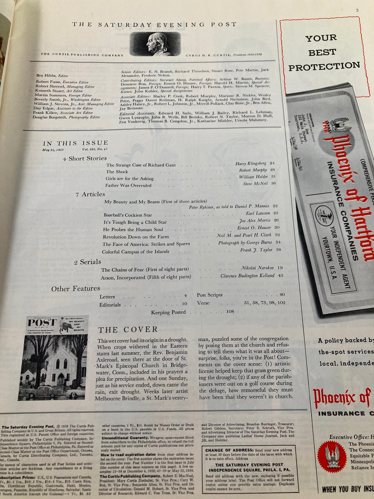 Interior page of The Saturday Evening Post May 24 1958, featuring articles including 'My Beauty and My Beasts' and advertisements, showcasing mid-century American culture.