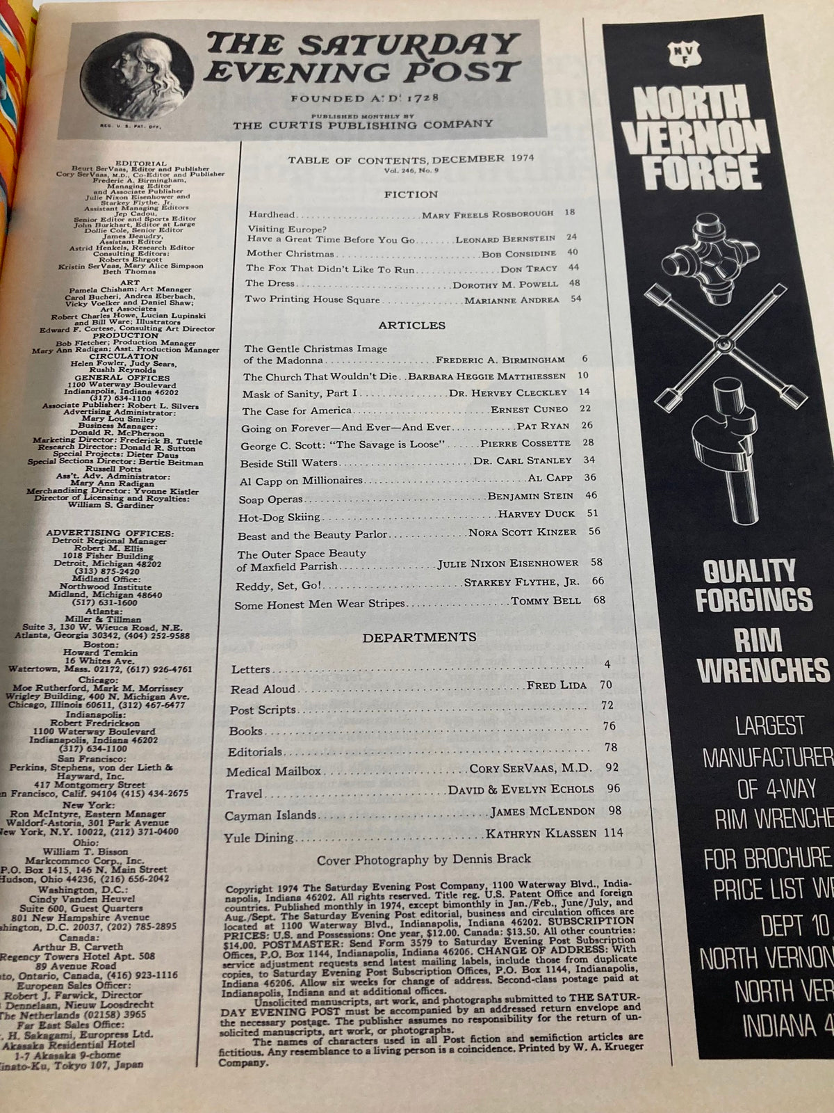 The Saturday Evening Post December 1974 Christmas Image of Madonna, showcasing the magazine's Table of Contents featuring articles, fiction, and departments relevant to the holiday season.