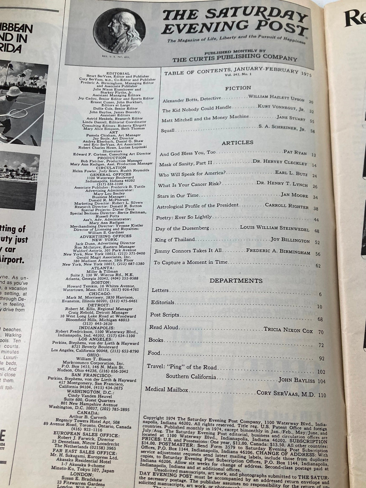 Contents page of The Saturday Evening Post February 1975, outlining articles including President Ford's astrological profile.