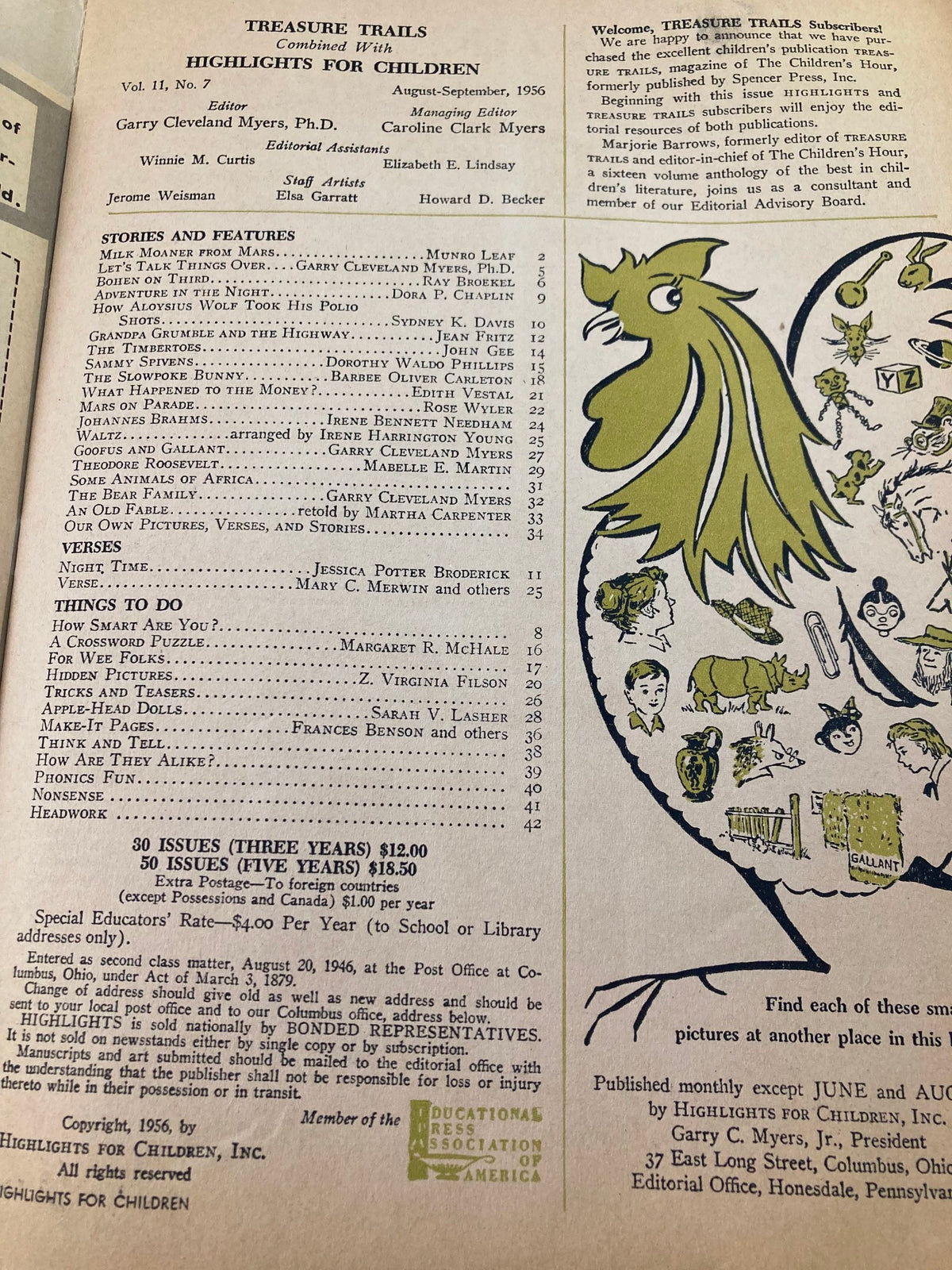 Table of contents from the August-September 1956 Highlights Magazine, highlighting featured stories including 'Milk Moaner from Mars'. Displays artistic elements and layout typical of mid-20th century children's publications.
