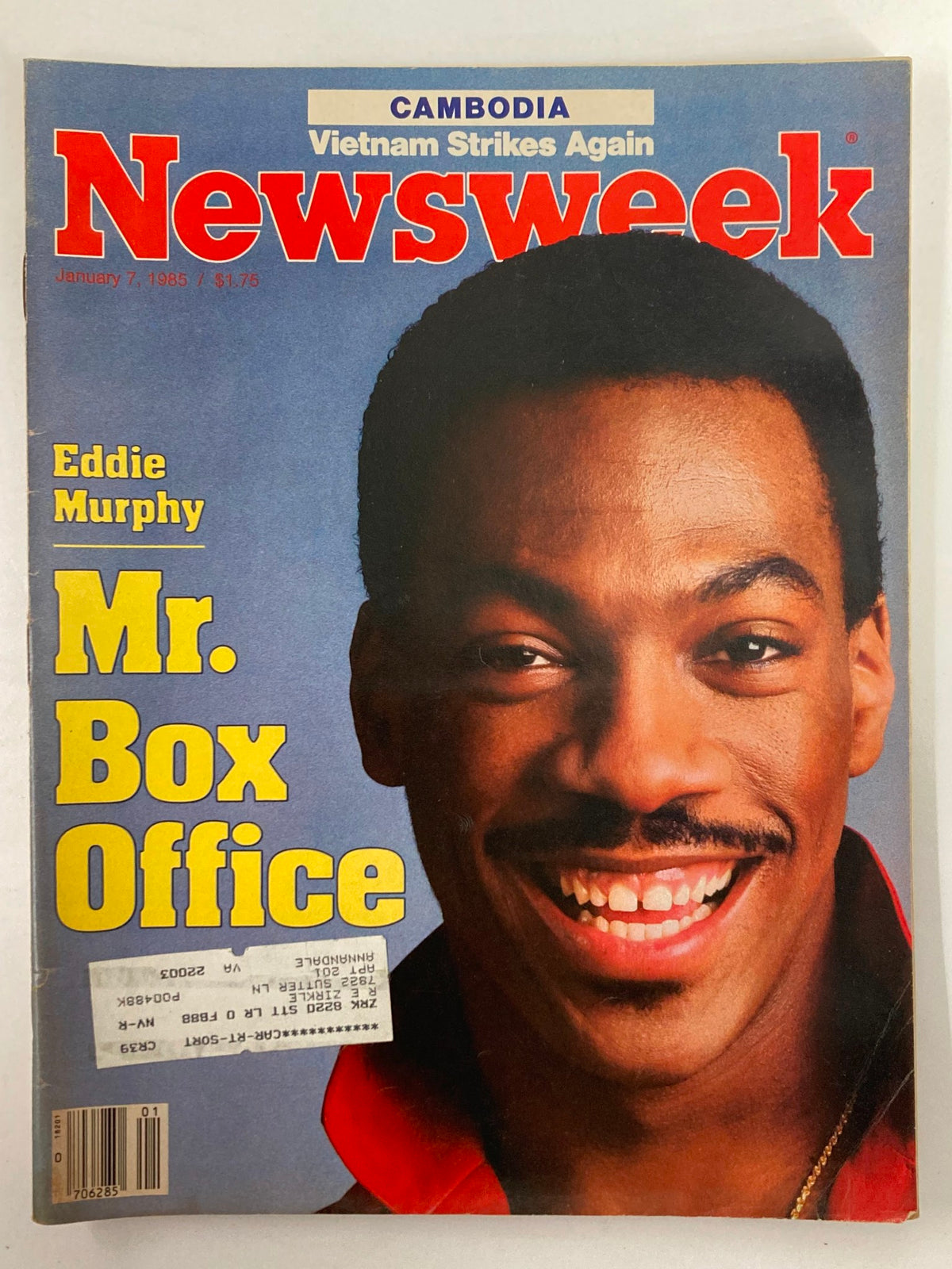 Vintage Newsweek Magazine cover from January 7, 1985 featuring Eddie Murphy as Mr. Box Office with a bright blue background and bold red text.