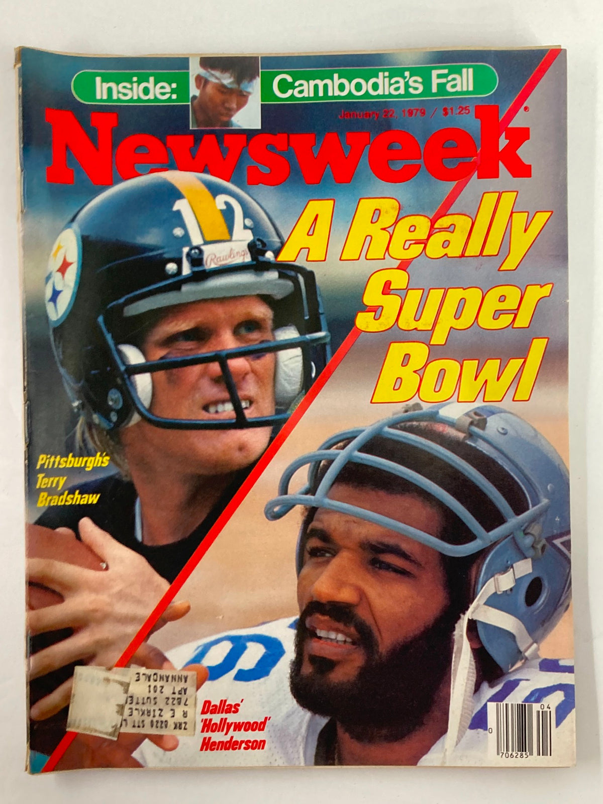 VTG Newsweek Magazine January 22, 1979 cover featuring Pittsburgh Steelers quarterback Terry Bradshaw and Dallas Cowboys linebacker Hollywood Henderson, highlighting NFL history.
