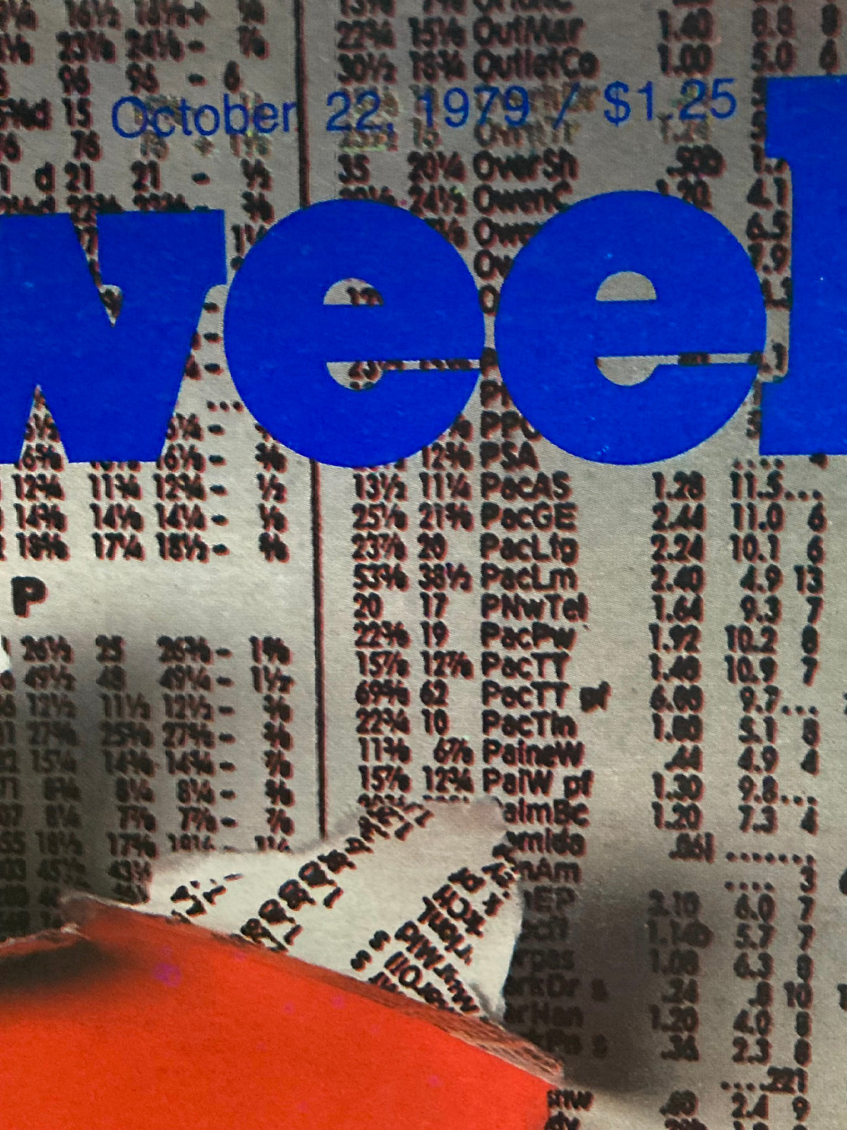 Close-up of the VTG Newsweek Magazine October 22 1979, highlighting the date and price, with the title 'Newsweek' in bold blue against a detailed background of financial data.