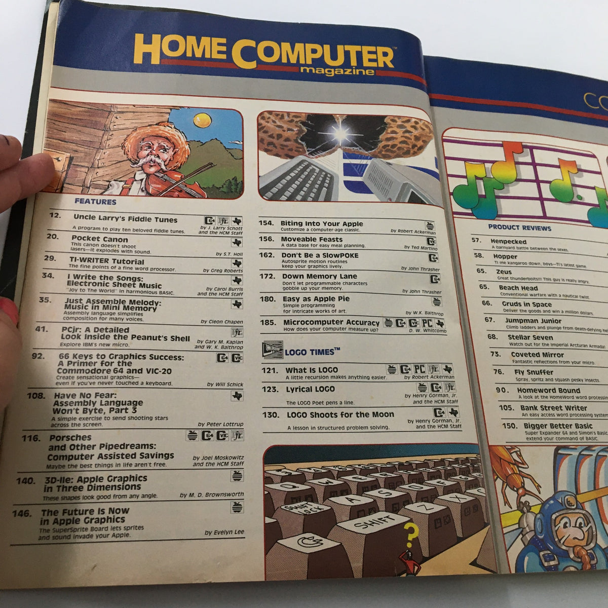 Table of contents page of Home Computer Magazine Vol. 4 No. 1, listing various features and articles related to home computing, showcasing its diverse content.
