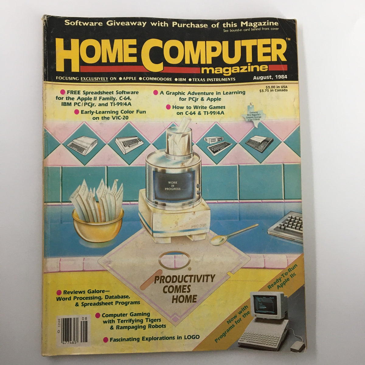 Cover of Home Computer Magazine August 1984 featuring articles on spreadsheet software, programming for PCs and Apple, and educational insights into LOGO programming.