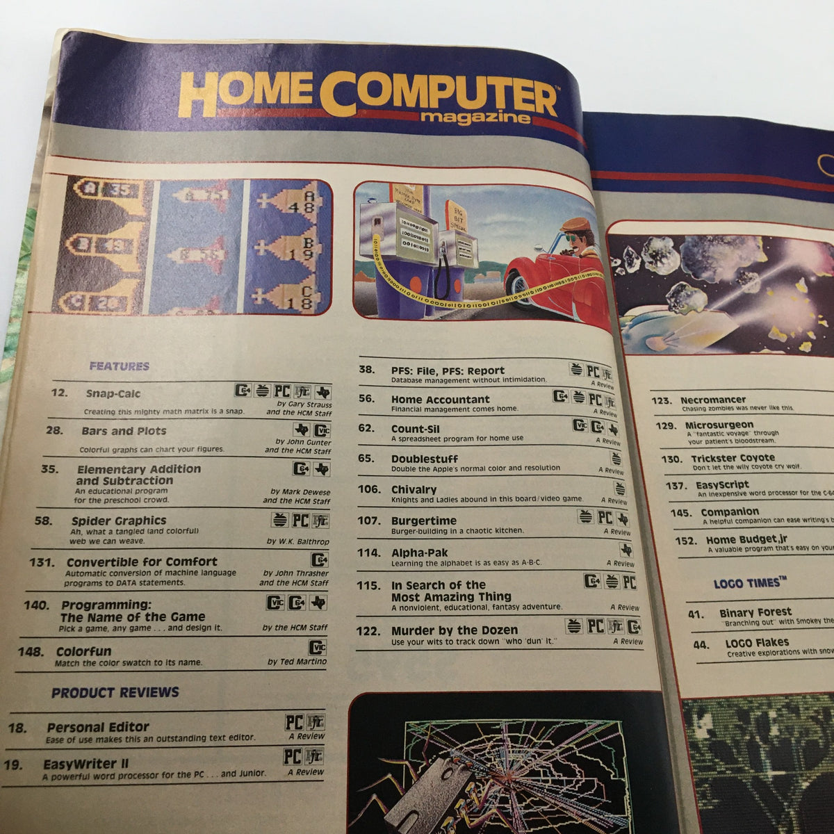Interior page of VTG Home Computer Magazine August 1984 displaying the features list, highlighting articles and tutorials relevant to programming and computer use.