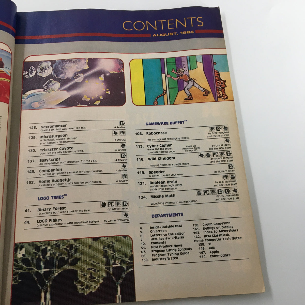 Contents page of VTG Home Computer Magazine August 1984, featuring a detailed layout of articles, programs, and sections pertinent to early home computing.