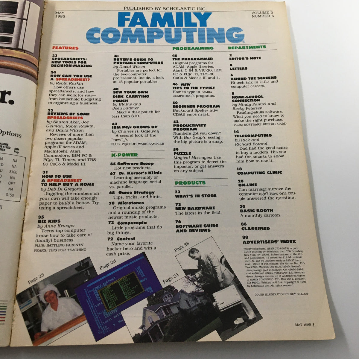 Inside page of VTG Family Computing Magazine May 1985 showcasing various articles and sections, including programming, features, and product reviews. This layout presents information relevant to portable computers and technology of the time.