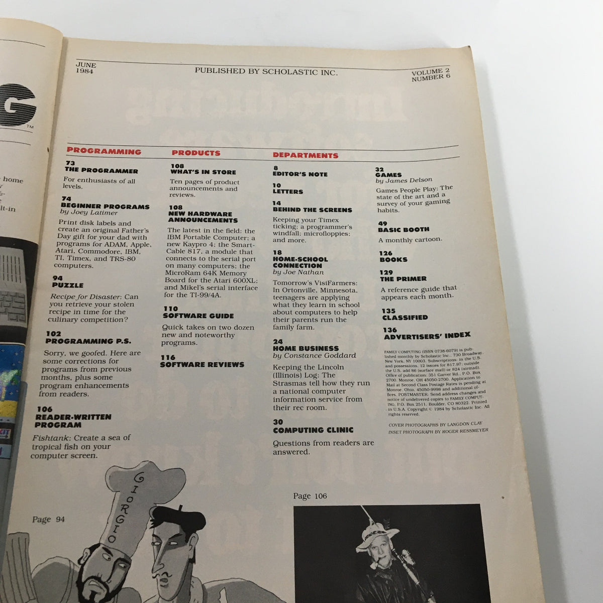 Another page from VTG Family Computing Magazine June 1984, showing products, programming guides, and departments.