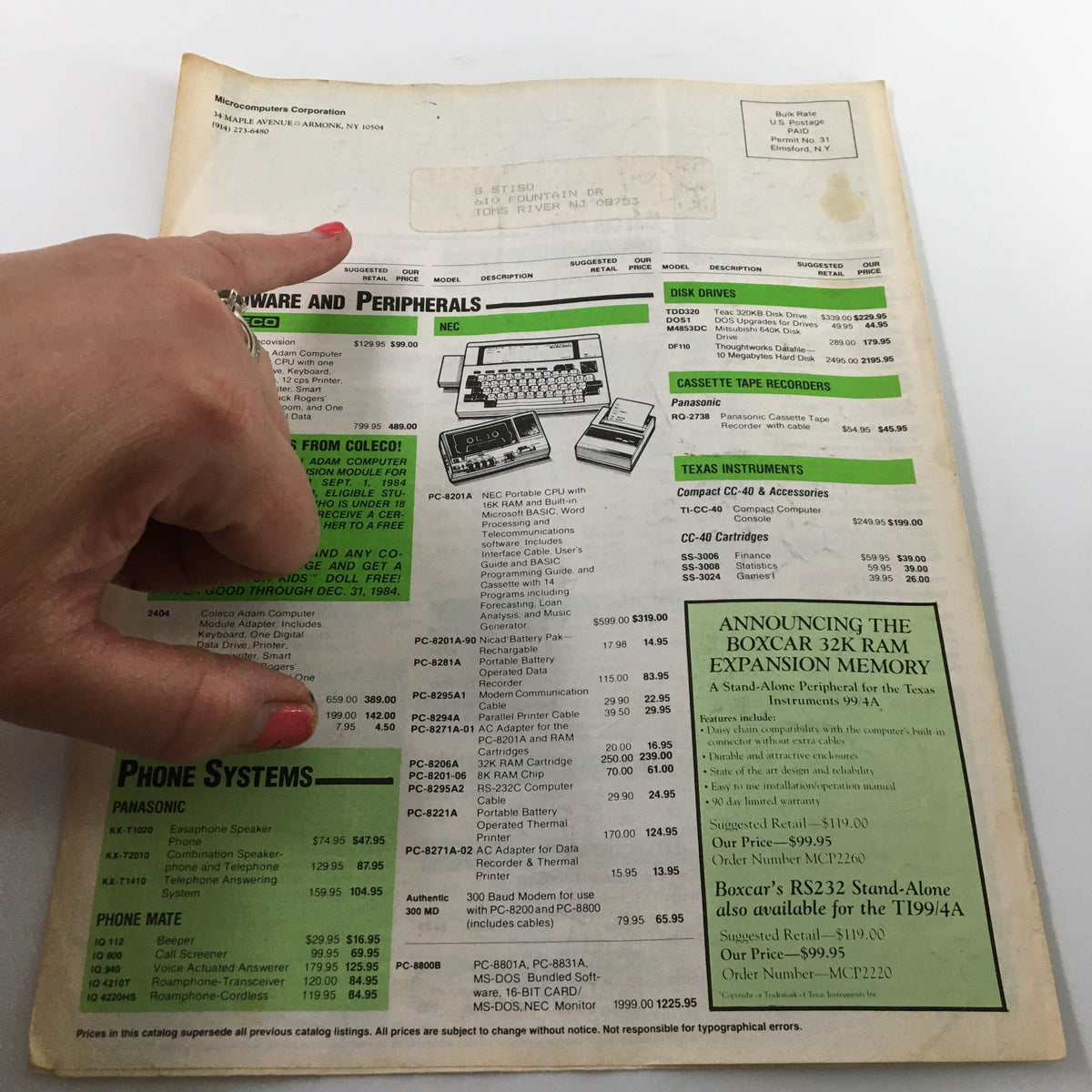 Back cover of VTG Microshopper Report Magazine Fall 1984 displaying Hardware and Peripherals section along with pricing and product details.