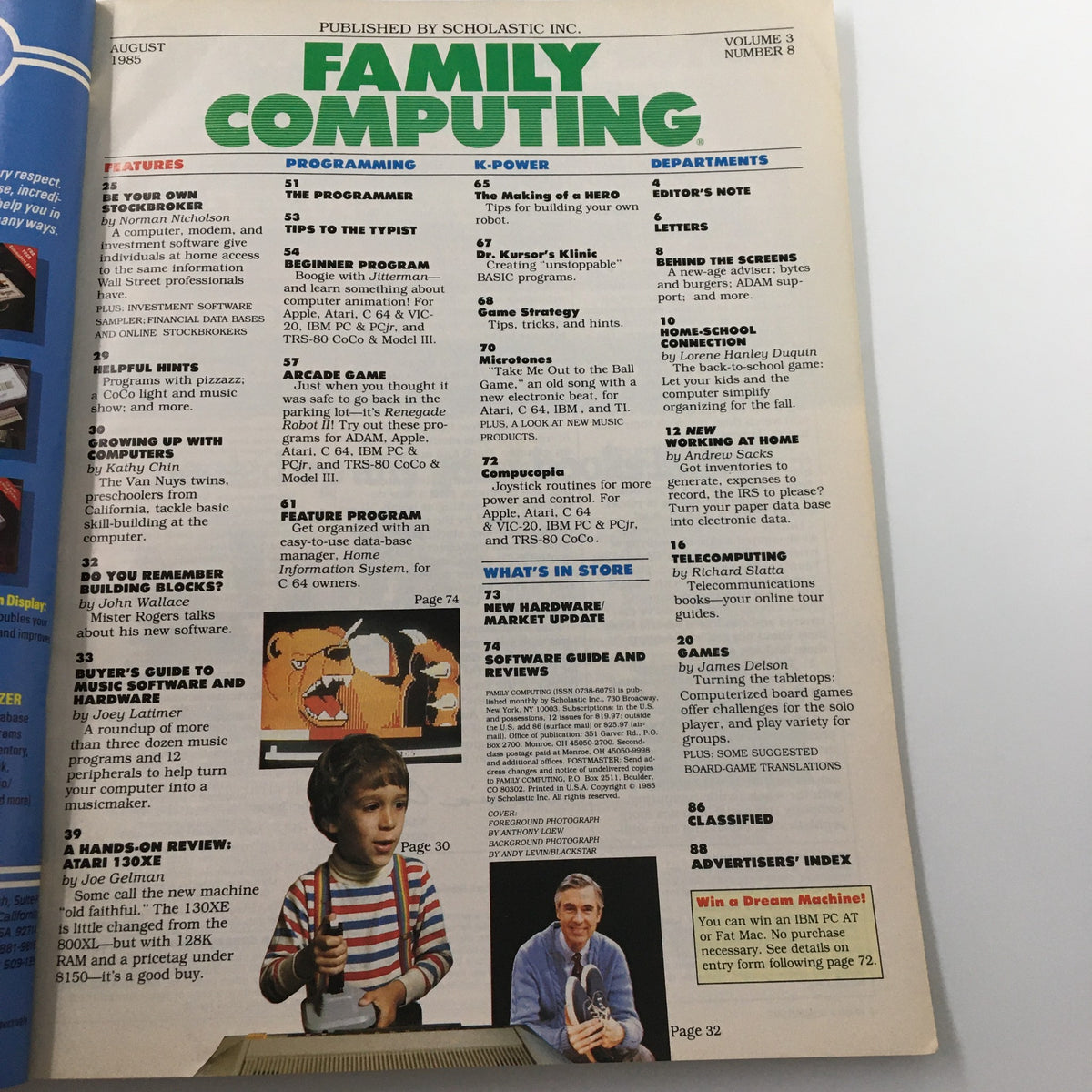 Table of contents from VTG Family Computing Magazine August 1985 outlining features on programming and business resources.