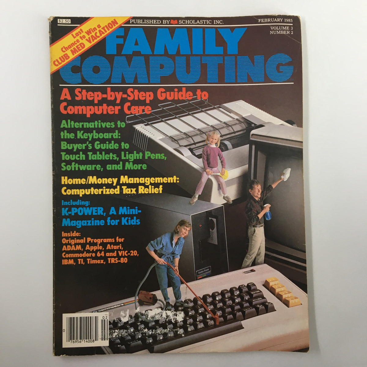 Cover of VTG Family Computing Magazine February 1985 featuring a step-by-step guide to computer care, along with illustrations of children interacting with a computer.