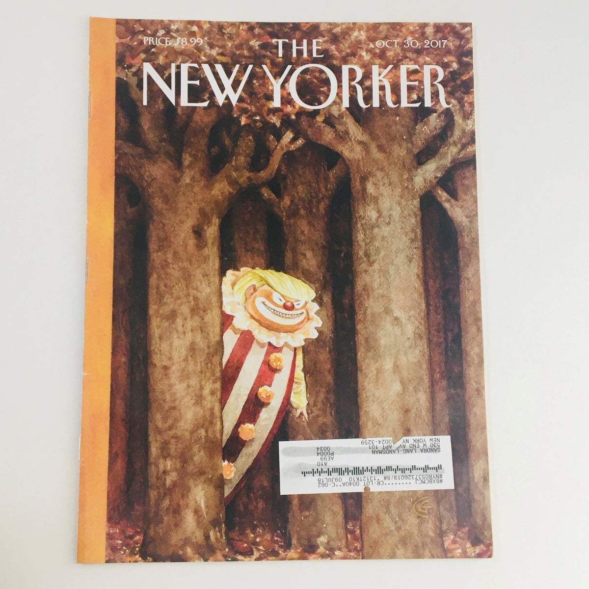 The New Yorker October 30 2017 Full Magazine Theme Cover illustrated by Carter Goodrich featuring a whimsical clown among autumn trees.