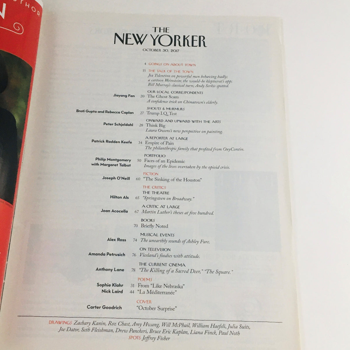 Interior page of The New Yorker October 30 2017 magazine displaying the table of contents and article titles.