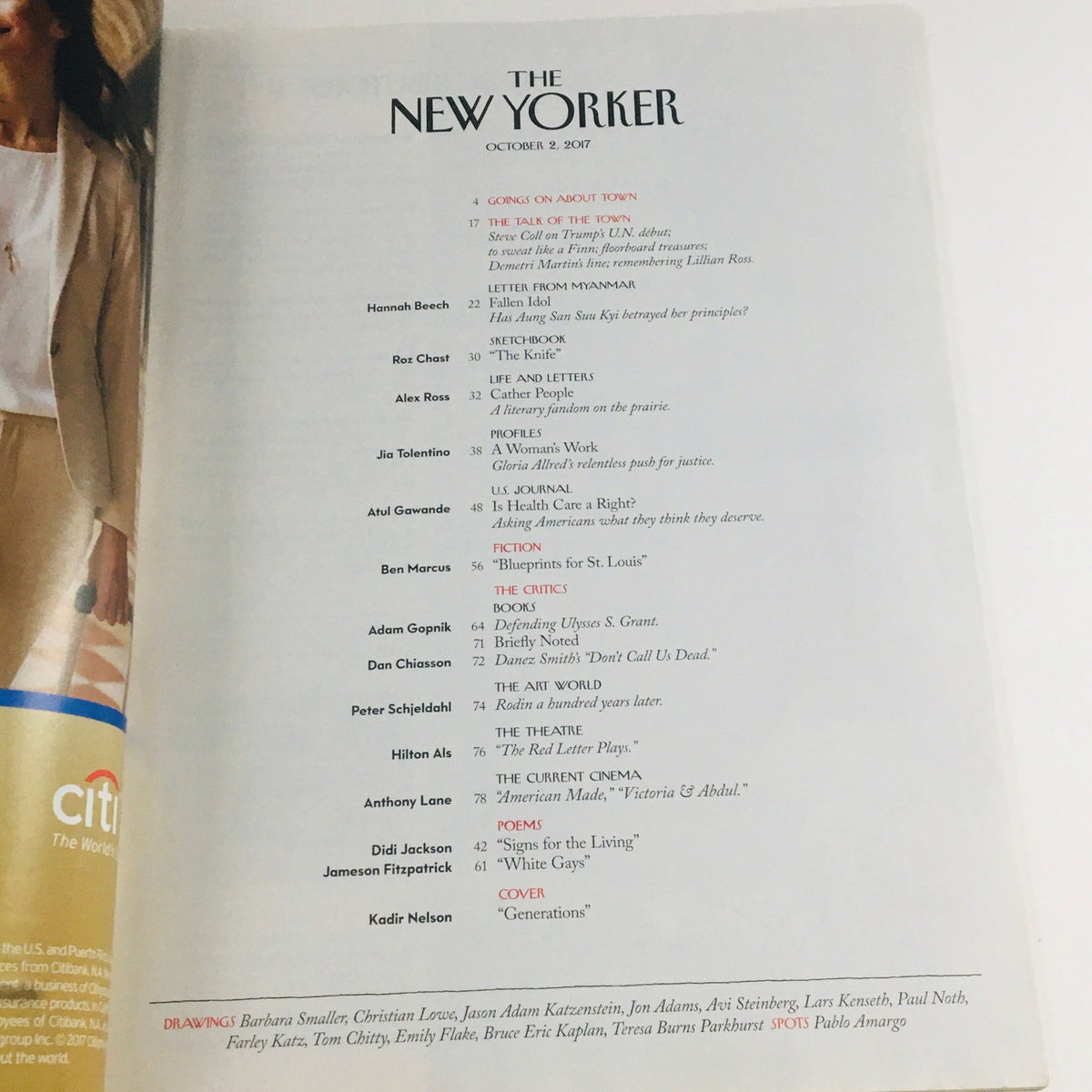 The New Yorker October 2 2017 Table of Contents page highlighting editorial contributions, including an illustration by Kadir Nelson.