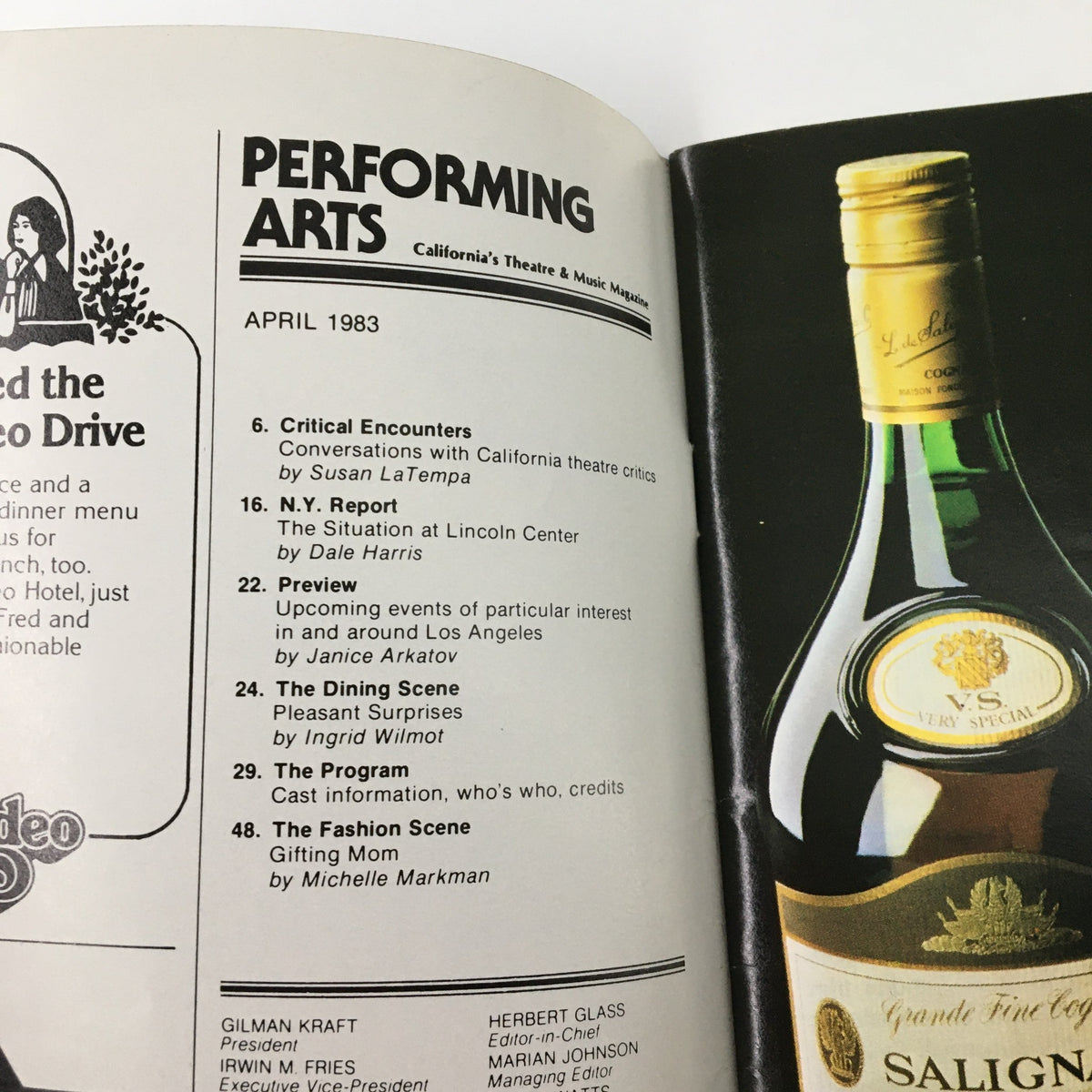 Inside page of Performing Arts magazine from April 1983, featuring articles and content related to California's theatre including a section on Dreamgirls by Michael Bennett.