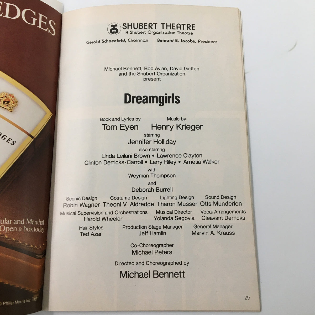 Page 29 of Performing Arts magazine highlighting the cast and creative team of Dreamgirls by Michael Bennett, detailing the contributors and their roles in the production.