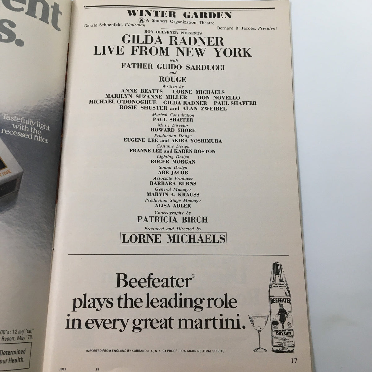 1979 Playbill Winter Garden Theatre Gilda Radner Live from New York, inside page detailing the cast and production team for the live show.