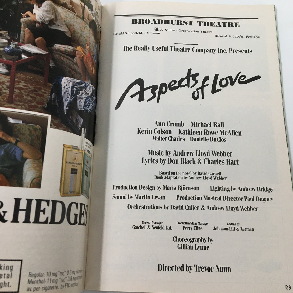 Detailed page from the 1990 Playbill for Aspects of Love, displaying cast and crew information, including music by Andrew Lloyd Webber and directed by Trevor Nunn.