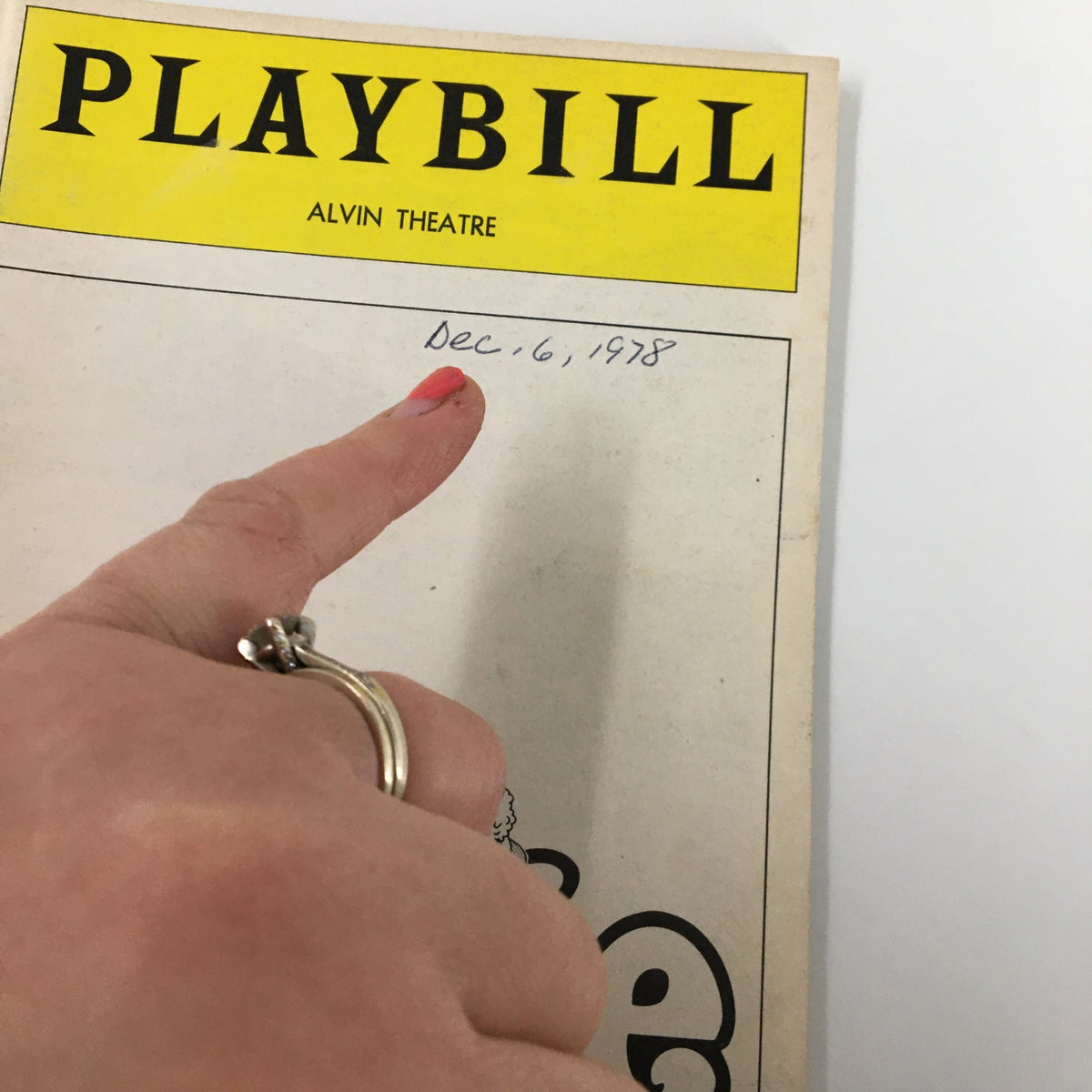 A close-up of the 1978 Playbill from the Alvin Theatre, indicating the date 'Dec. 6, 1978' written on the cover.